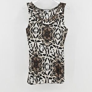 Alberto Makali Womens Sleeveless Pleated Blouse Size XL Animal Print Embellished